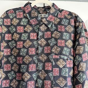 Vintage Zone Five 100% Silk Shirt Mens L Black Geometric Button Front 90s Retro